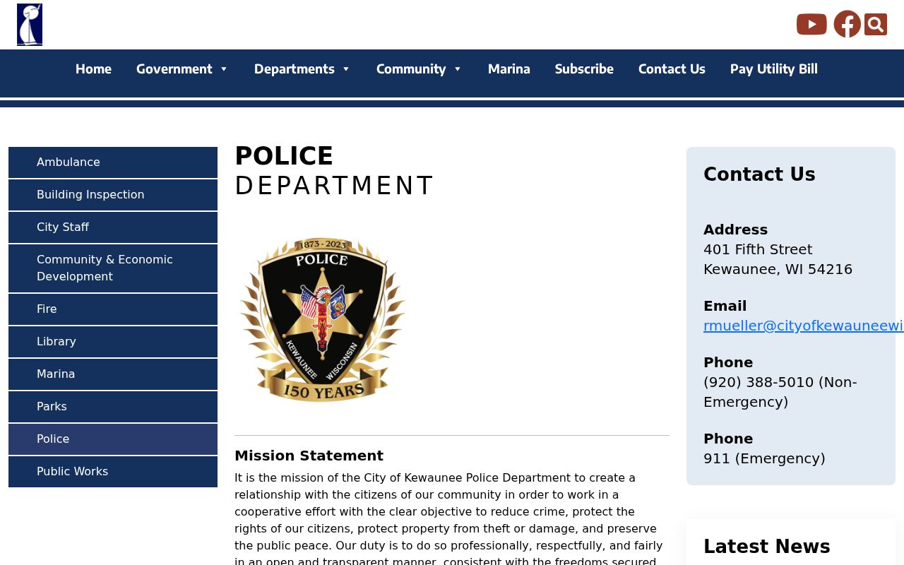 Kewaunee County City of Kewaunee Police arrest-record contact page