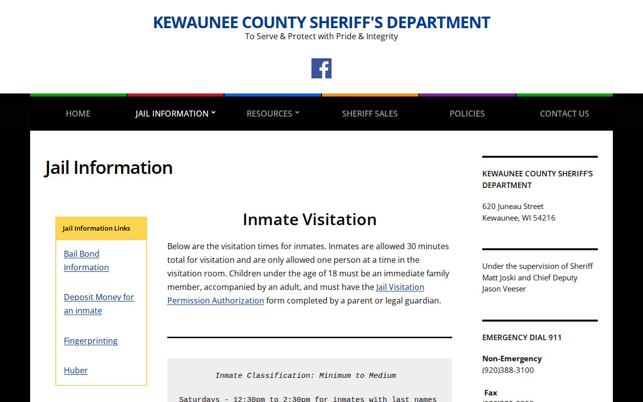 Kewaunee County Jail booking-information page