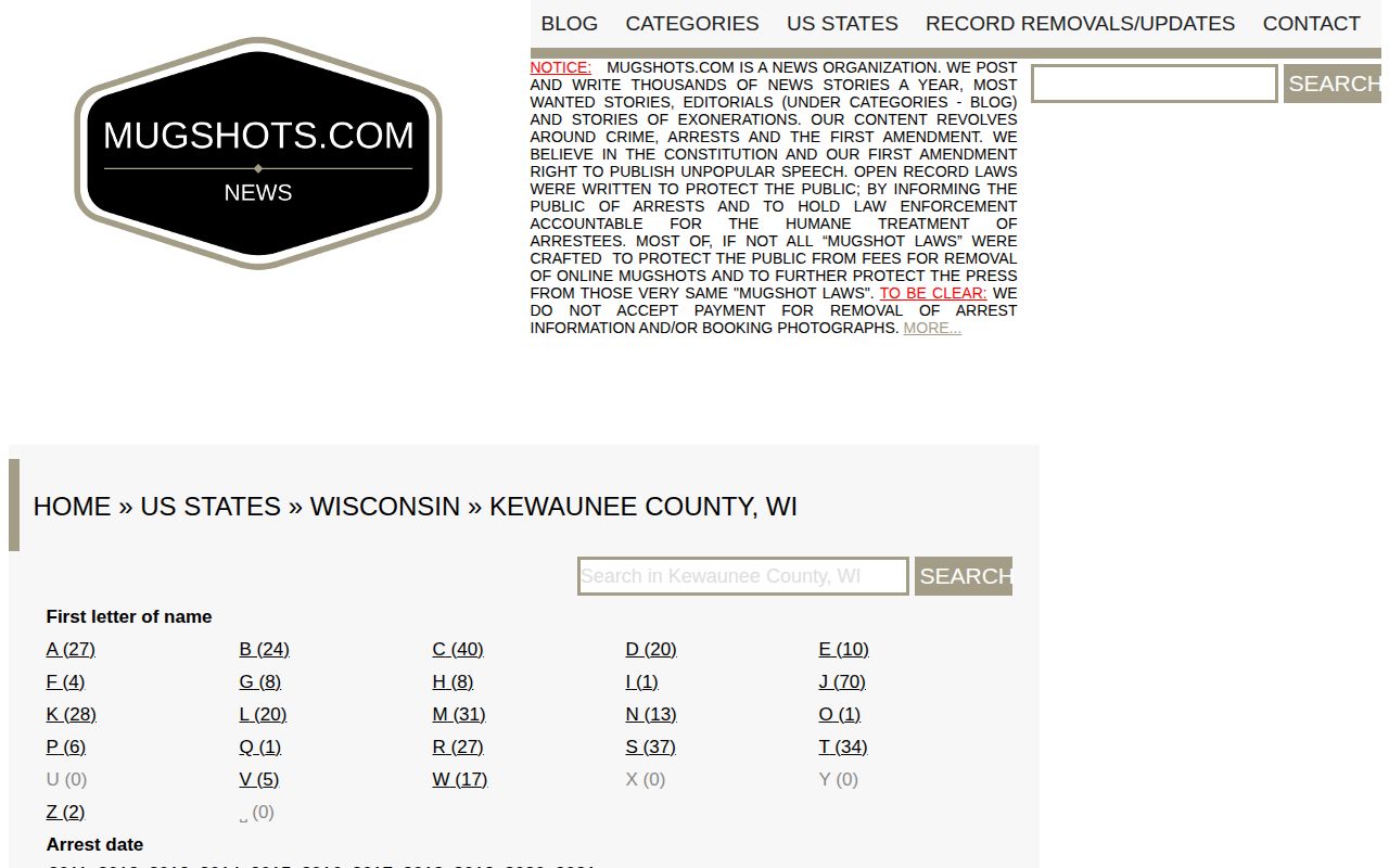Mugshots.com Kewaunee County section, an unofficial historic aggregator
