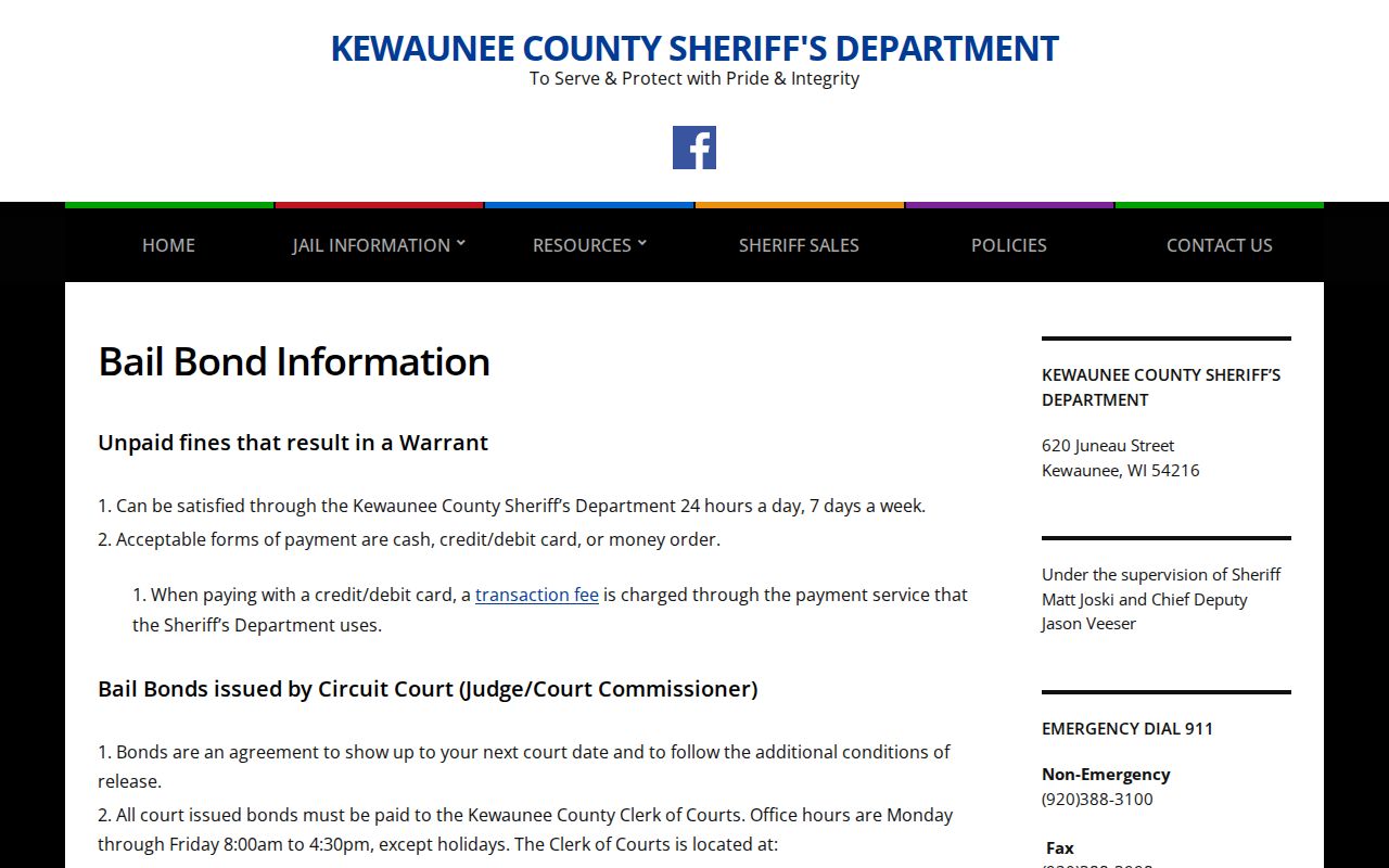 Kewaunee County Sheriff bail and warrant payment information page
