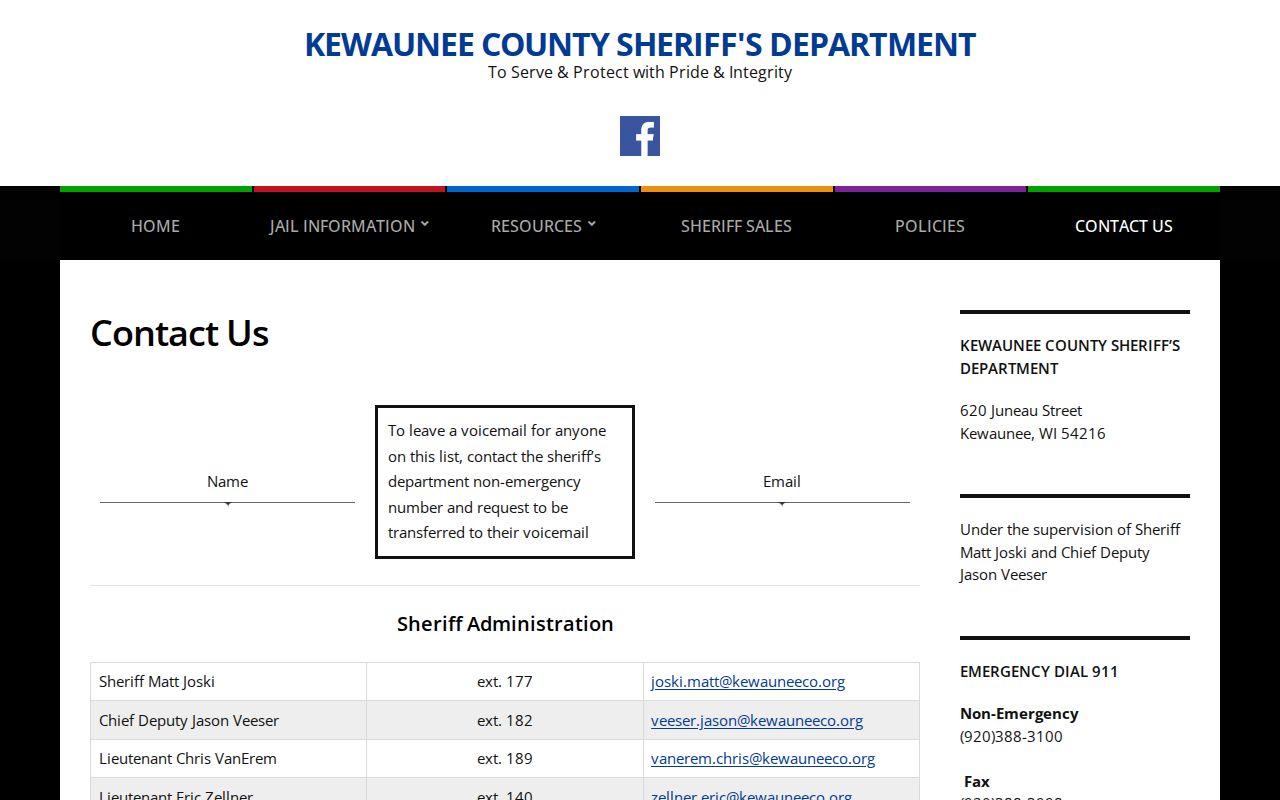 Kewaunee County Sheriff booking-record request contact page