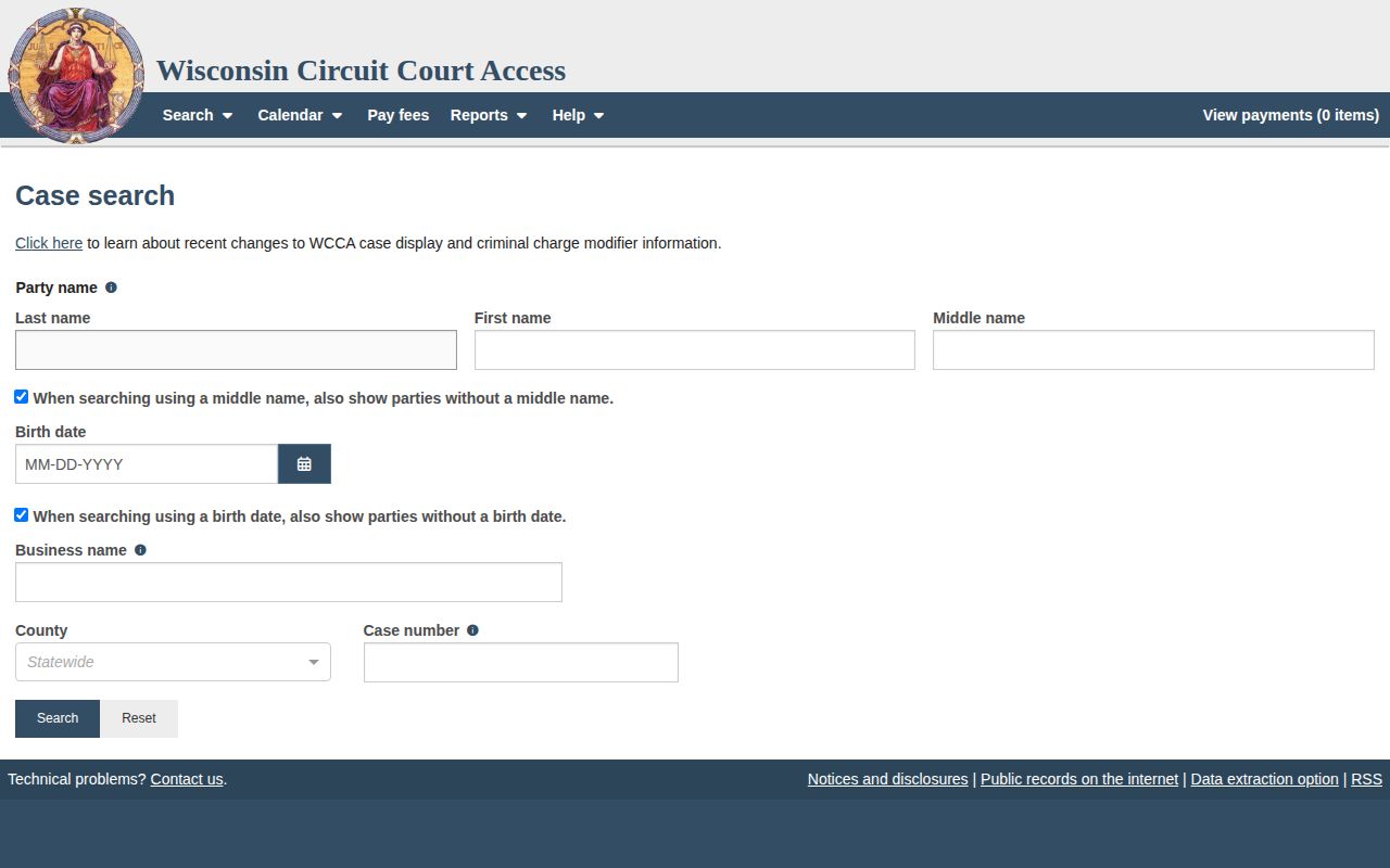 Kewaunee County court disposition-record search page