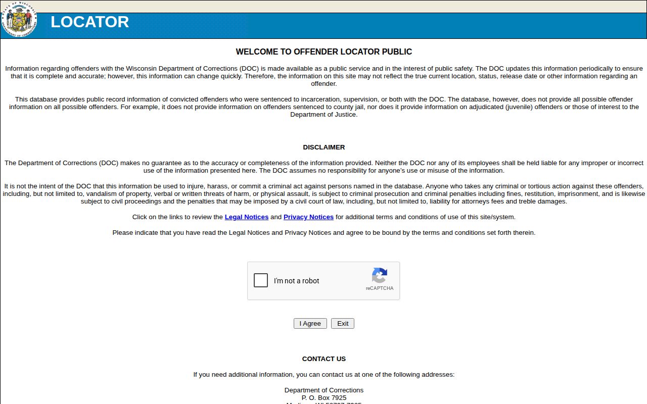 Kewaunee County Wisconsin DOC offender-record locator page